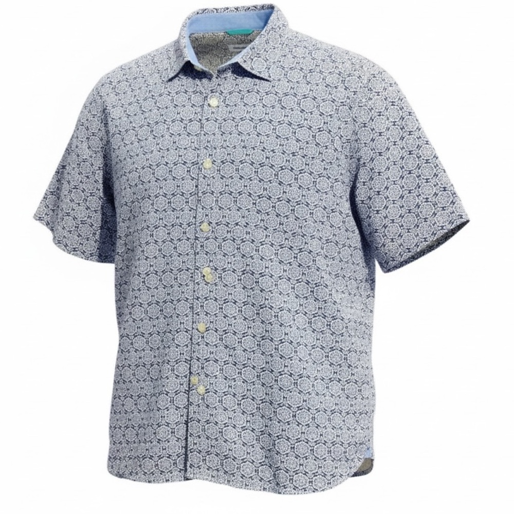 TOMMY BAHAMA blue & white patterned button front short sleeve collared shirt XXL